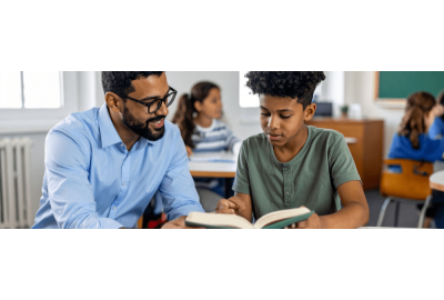 Teacher working one-on-one with a student in a classroom during dyslexia intervention