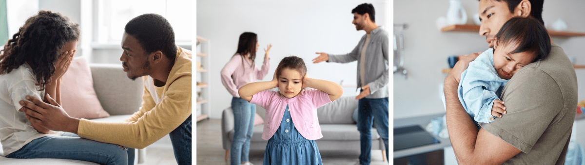 Risk Factors of Sensory Processing Difficulties - a father consoling his daughter with anxiety, a girl covering her ears while her parents fight, and a father consoling a younger infant sensitive to sound.