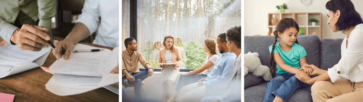 Building a Comprehensive Anxiety Evaluation - two clinicians going over an evaluation, a group of psychologists discussing evaluation approaches, and a child in a therapy session