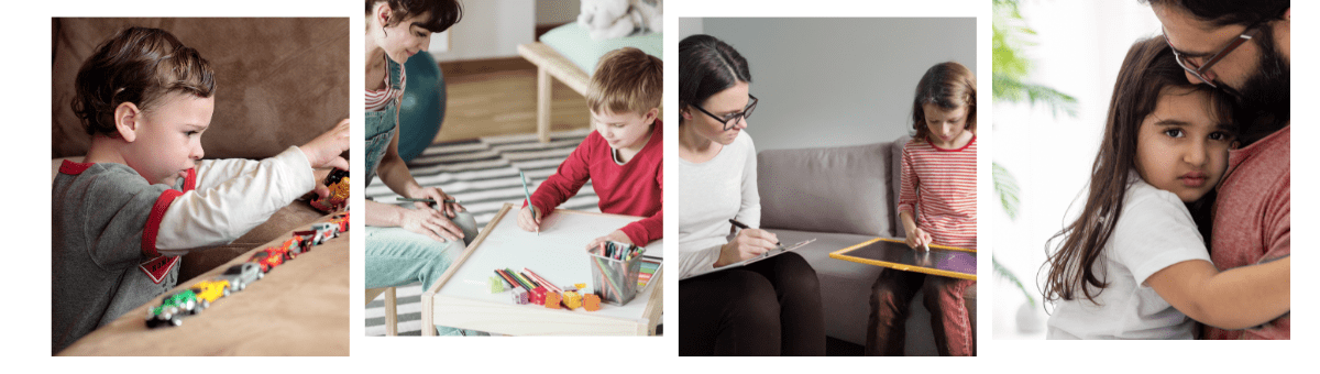 Co-occuring conditions with anxiety - An autistic child playing with toy cars, a child with adhd in a therapy session, a child working through social anxiety with a therapist, and child being consoled by her parent.