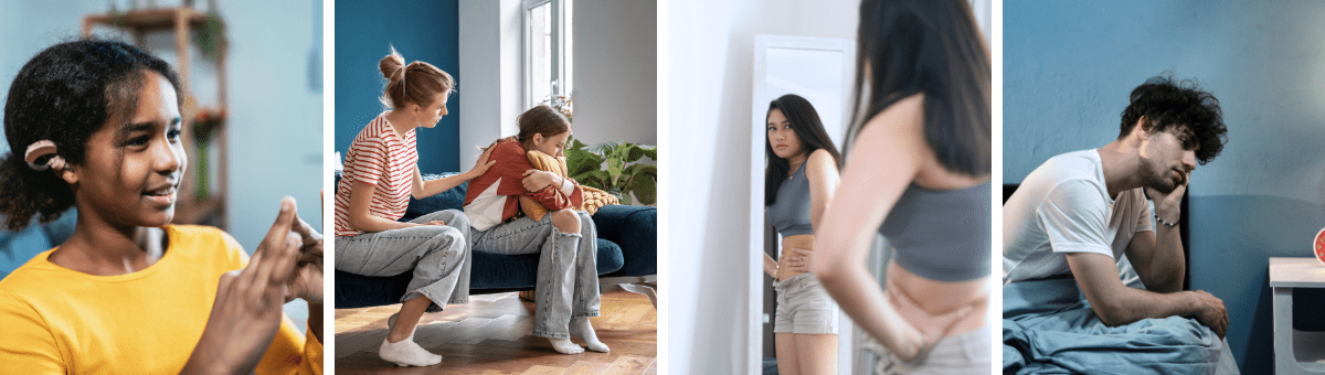 Co-occurring Conditions - a girl signing with a hearing aid, a young girl with depression socially withdrawing, a girl with body dysmorphia looking at herself in the mirror, and a young man struggling with insomnia