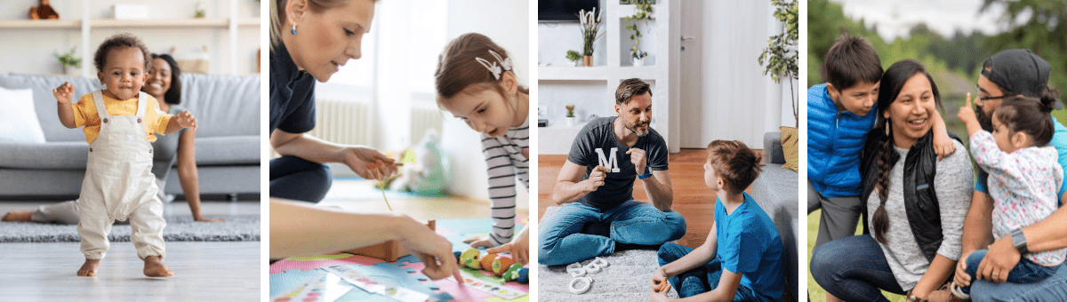 The Complexity of Developmental Assessment and Early Intervention&nbsp; - Baby standing on it's own, a young child demonstrating gross motor skills, a therapist testing a boys language skills, and children being able to interpret their parents emotions. 