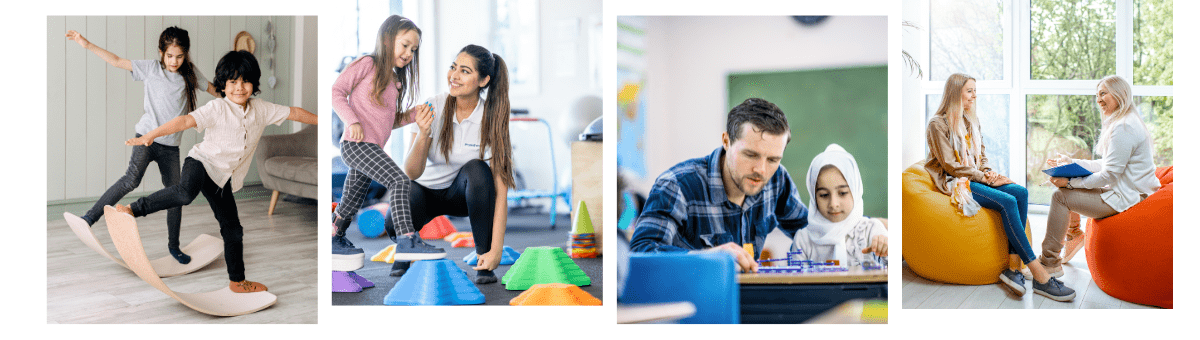 Sensory Processing Difficulties Interventions - children doing a balancing exercise, someone exercising in a sensory room, a male teacher helping a student, and a therapist working with a client.