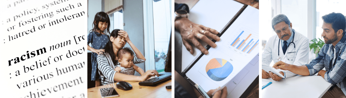 Building Effective Parent Partnerships in EI&nbsp;- Definition of Racism, a stressed out mother, a parent reading over all the data about their child's development, and a parent discussing their child's needs with a clinician.