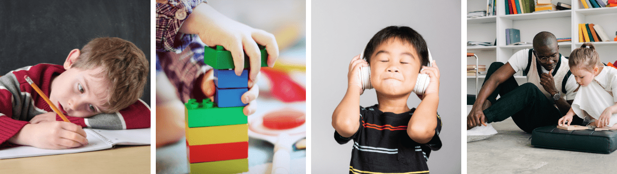 Sensory or Something Else? A boy with ADHD, a child with Autism stacking blocks, a child with headphones to help with sound sensitivity, and a female child working with a teacher. 