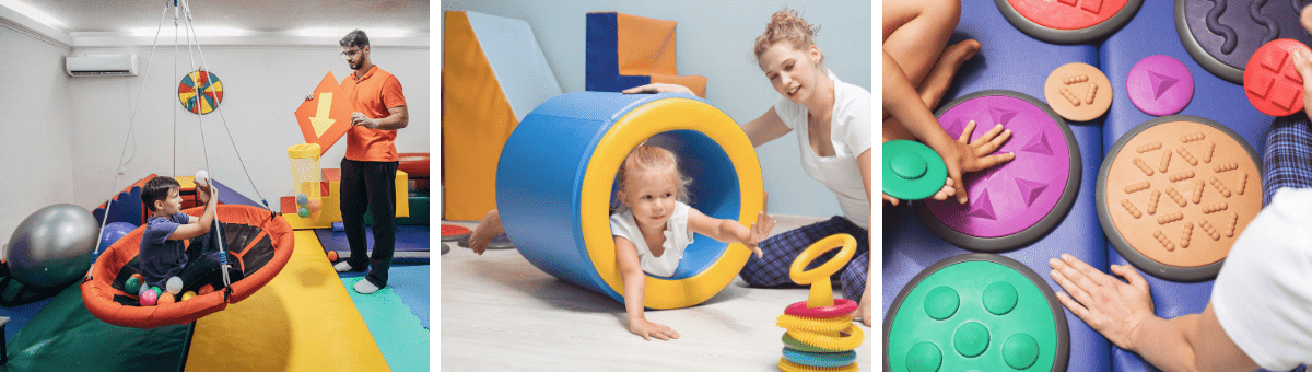 What's included in a comprehensive sensory processing evaluation? Multiple children doing exercises in a sensory room with an evaluator  